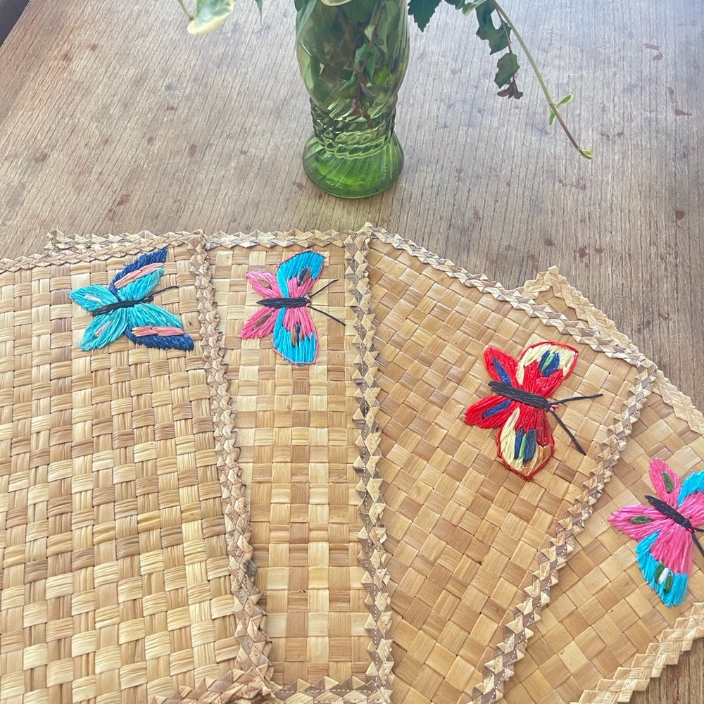 Vintage tiki placemats with cross stitched butterflies  set of 4